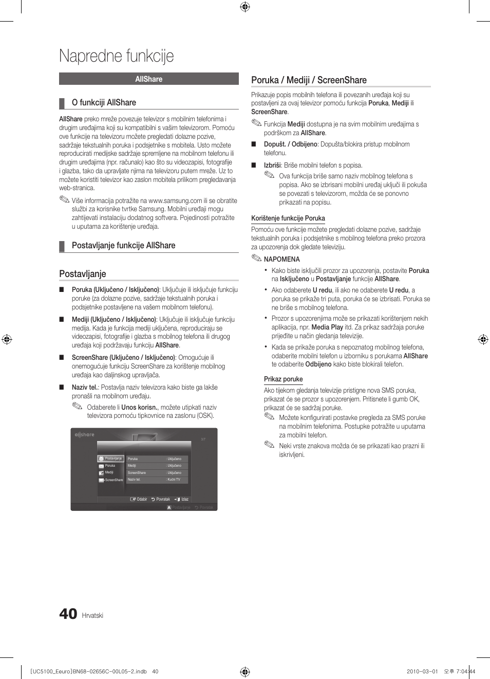 Napredne funkcije, Postavljanje, Poruka / mediji / screenshare | Samsung UE46C5000QW User Manual | Page 291 / 502