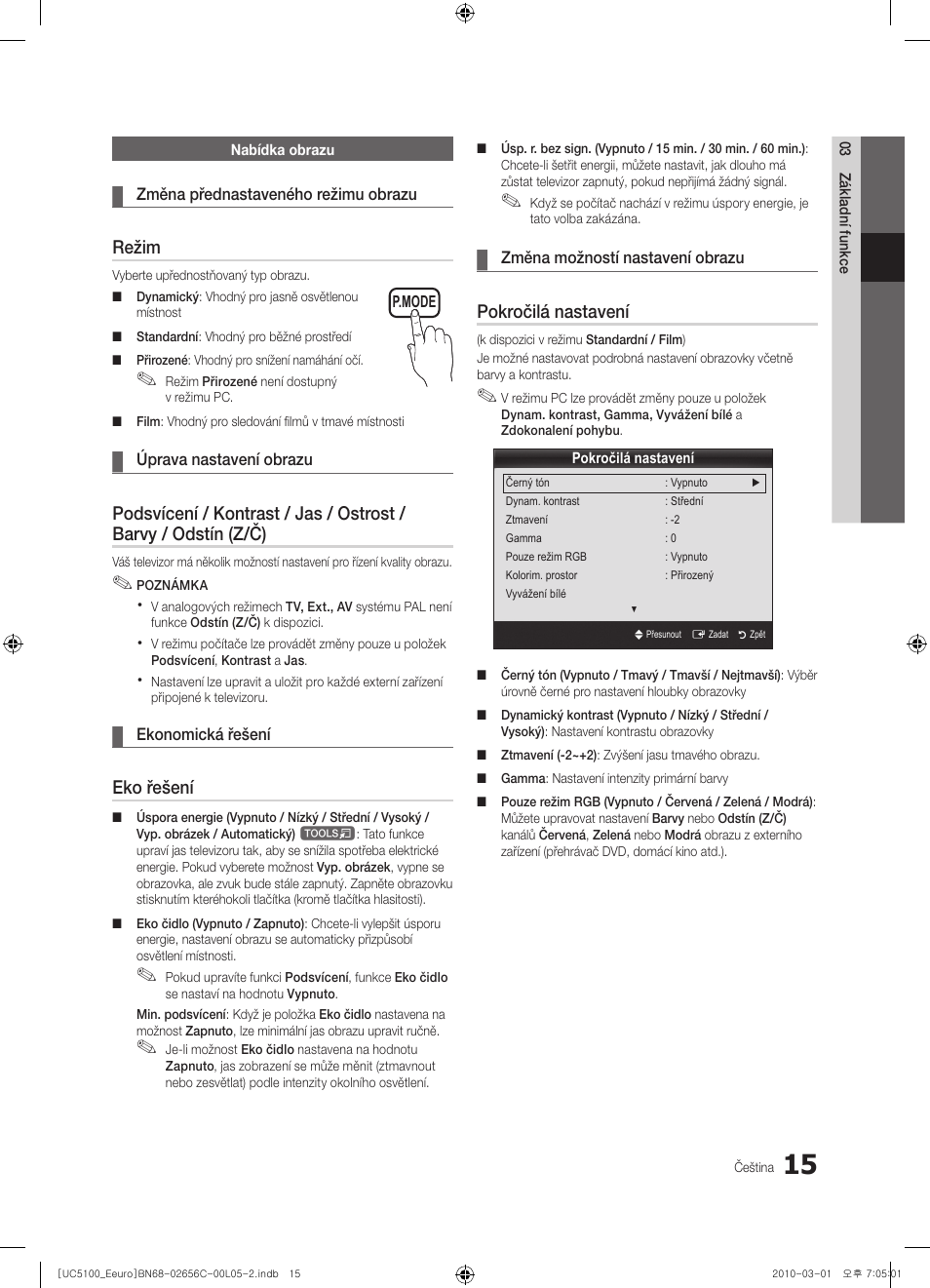 Režim, Eko řešení, Pokročilá nastavení | Samsung UE46C5000QW User Manual | Page 316 / 502