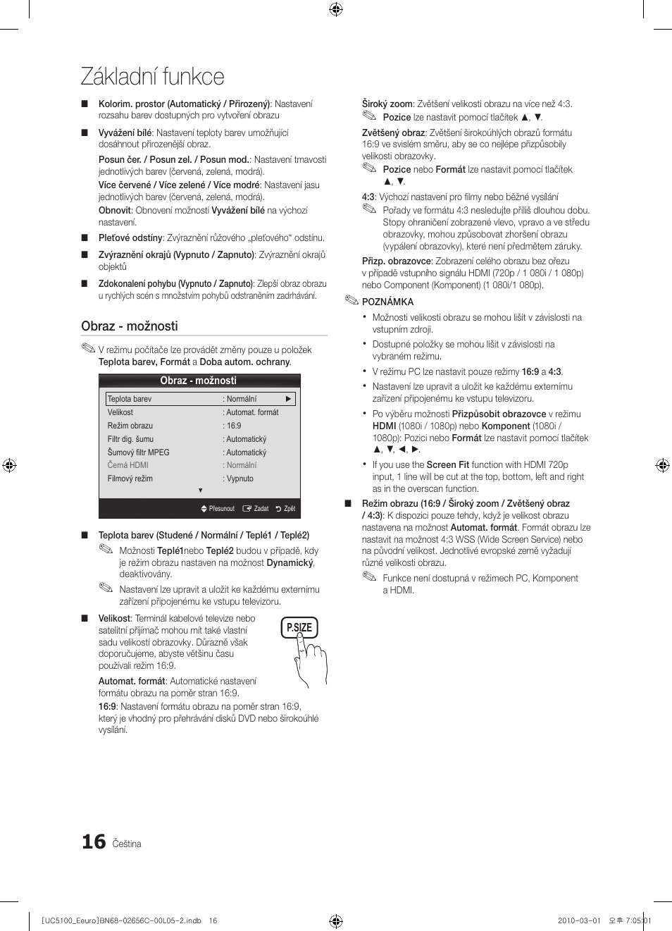 Základní funkce, Obraz - možnosti | Samsung UE46C5000QW User Manual | Page 317 / 502