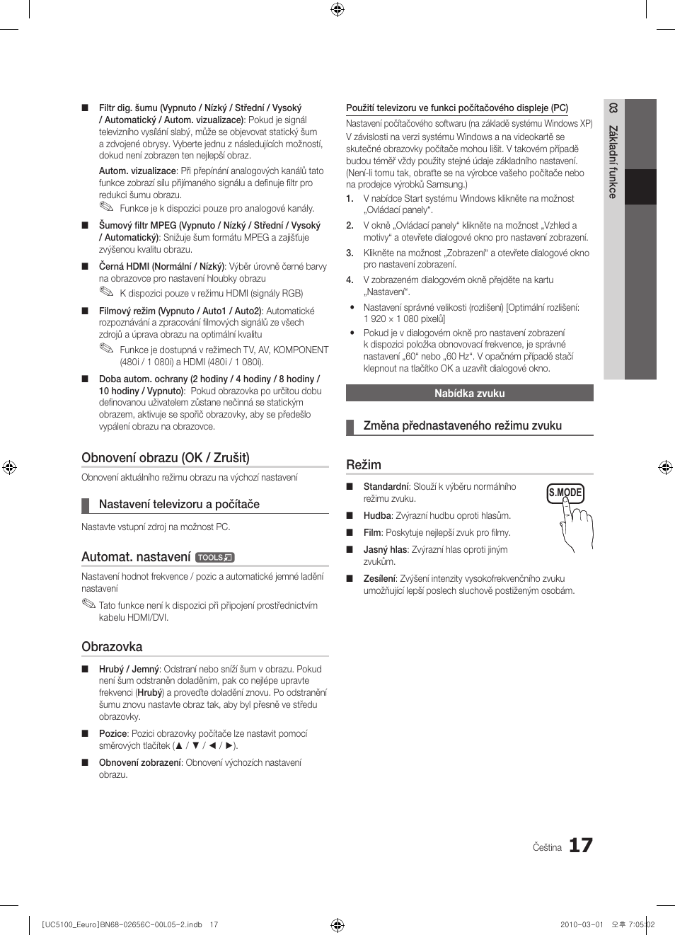 Obnovení obrazu (ok / zrušit), Automat. nastavení, Obrazovka | Režim | Samsung UE46C5000QW User Manual | Page 318 / 502
