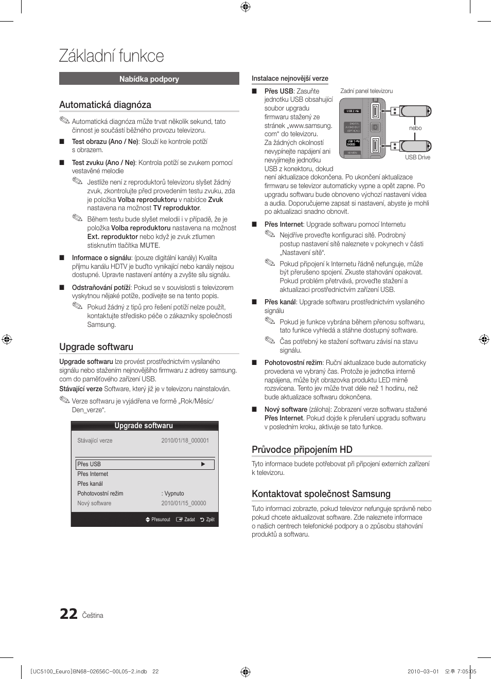 Základní funkce, Automatická diagnóza, Upgrade softwaru | Průvodce připojením hd, Kontaktovat společnost samsung | Samsung UE46C5000QW User Manual | Page 323 / 502