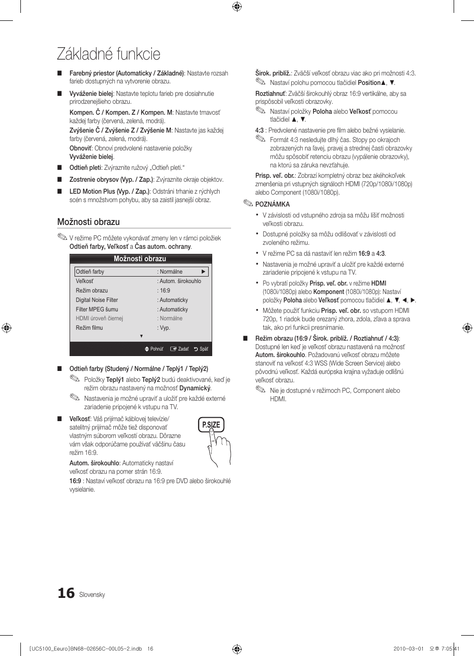 Základné funkcie, Možnosti obrazu | Samsung UE46C5000QW User Manual | Page 367 / 502