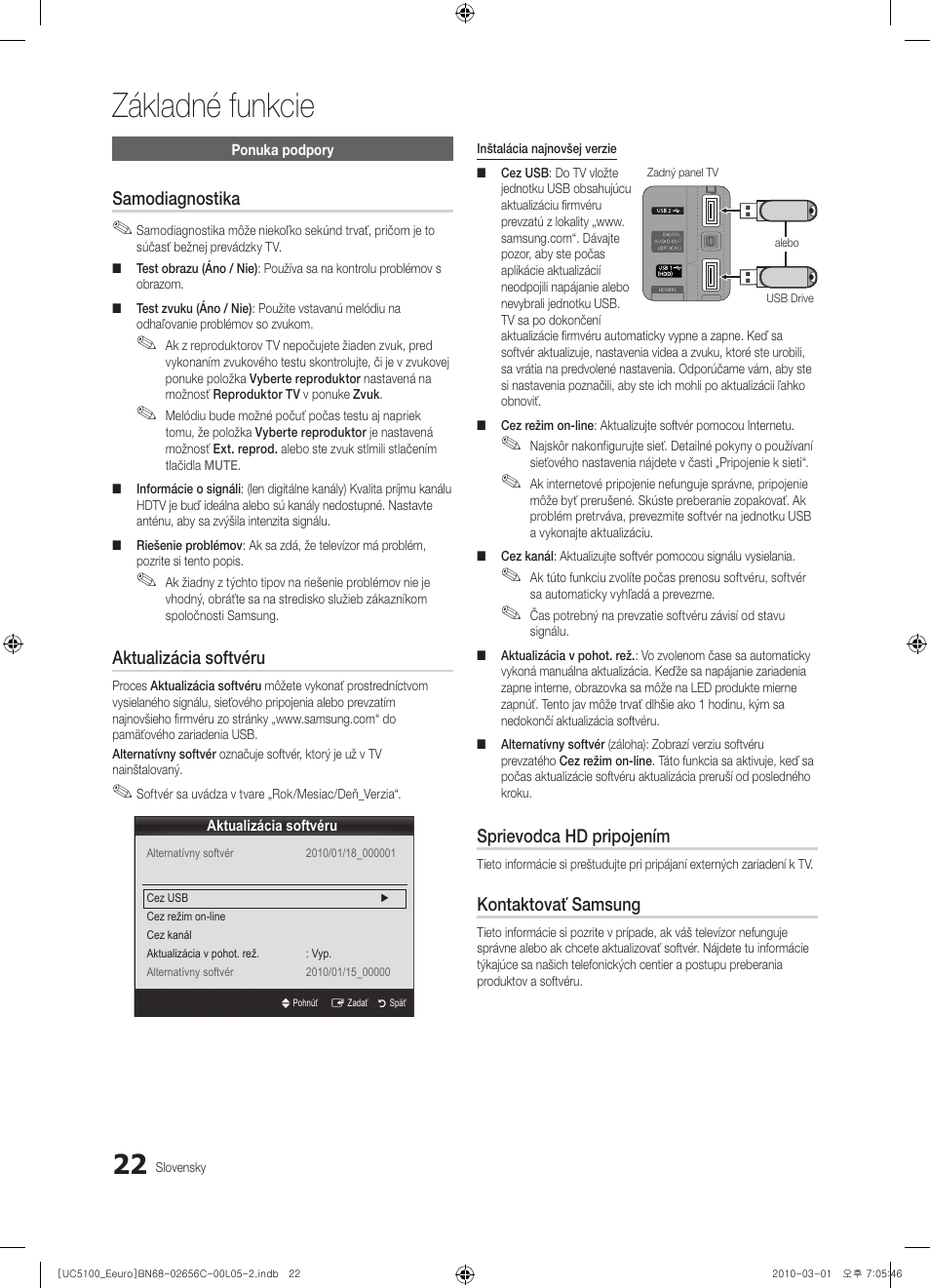 Základné funkcie, Samodiagnostika, Aktualizácia softvéru | Sprievodca hd pripojením, Kontaktovať samsung | Samsung UE46C5000QW User Manual | Page 373 / 502