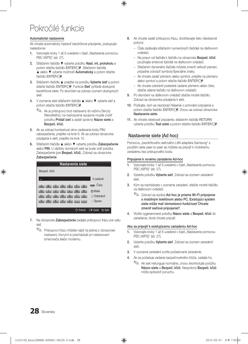 Pokročilé funkcie, Nastavenie siete (ad hoc) | Samsung UE46C5000QW User Manual | Page 379 / 502