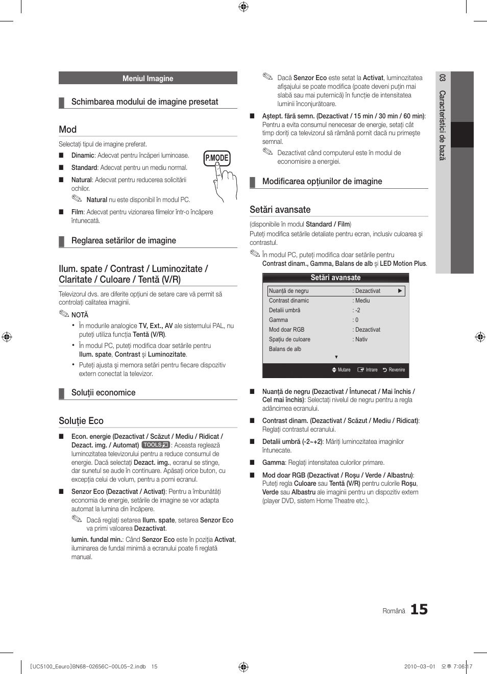 Soluţie eco, Setări avansate | Samsung UE46C5000QW User Manual | Page 416 / 502