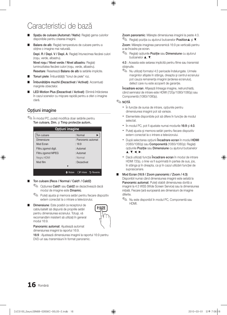 Caracteristici de bază, Opţiuni imagine | Samsung UE46C5000QW User Manual | Page 417 / 502