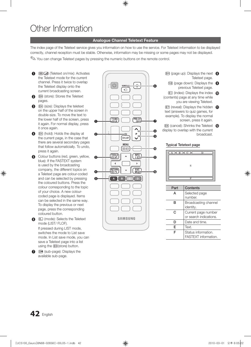 Other information, Analogue channel teletext feature | Samsung UE46C5000QW User Manual | Page 42 / 502