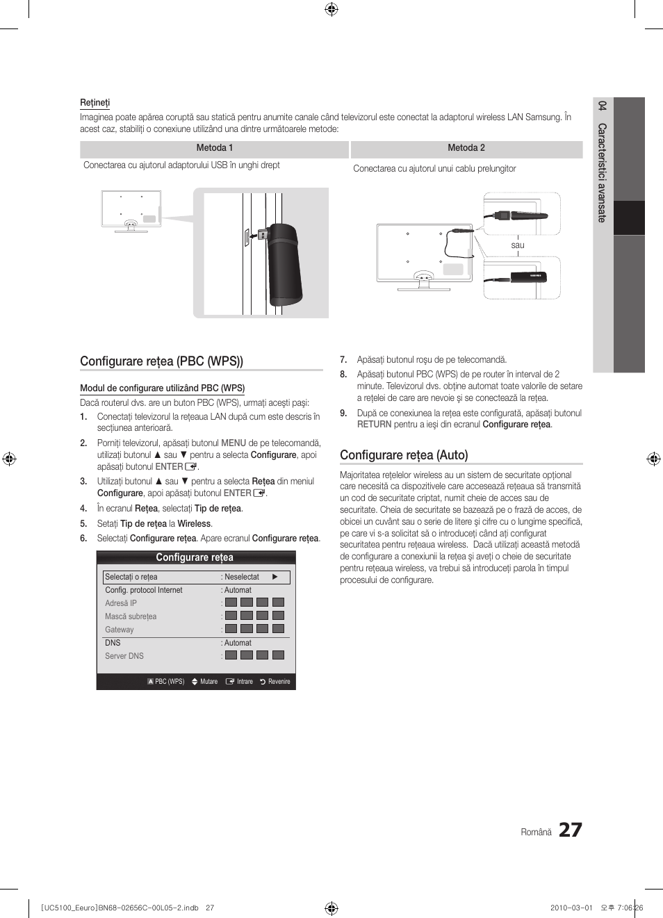 Configurare reţea (pbc (wps)), Configurare reţea (auto) | Samsung UE46C5000QW User Manual | Page 428 / 502