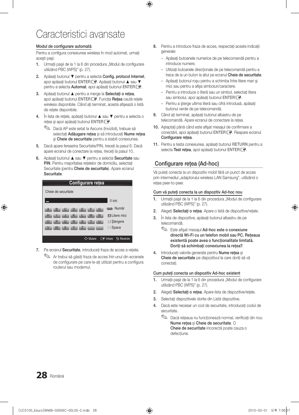 Caracteristici avansate, Configurare reţea (ad-hoc) | Samsung UE46C5000QW User Manual | Page 429 / 502