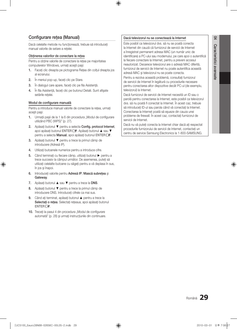 Configurare reţea (manual) | Samsung UE46C5000QW User Manual | Page 430 / 502