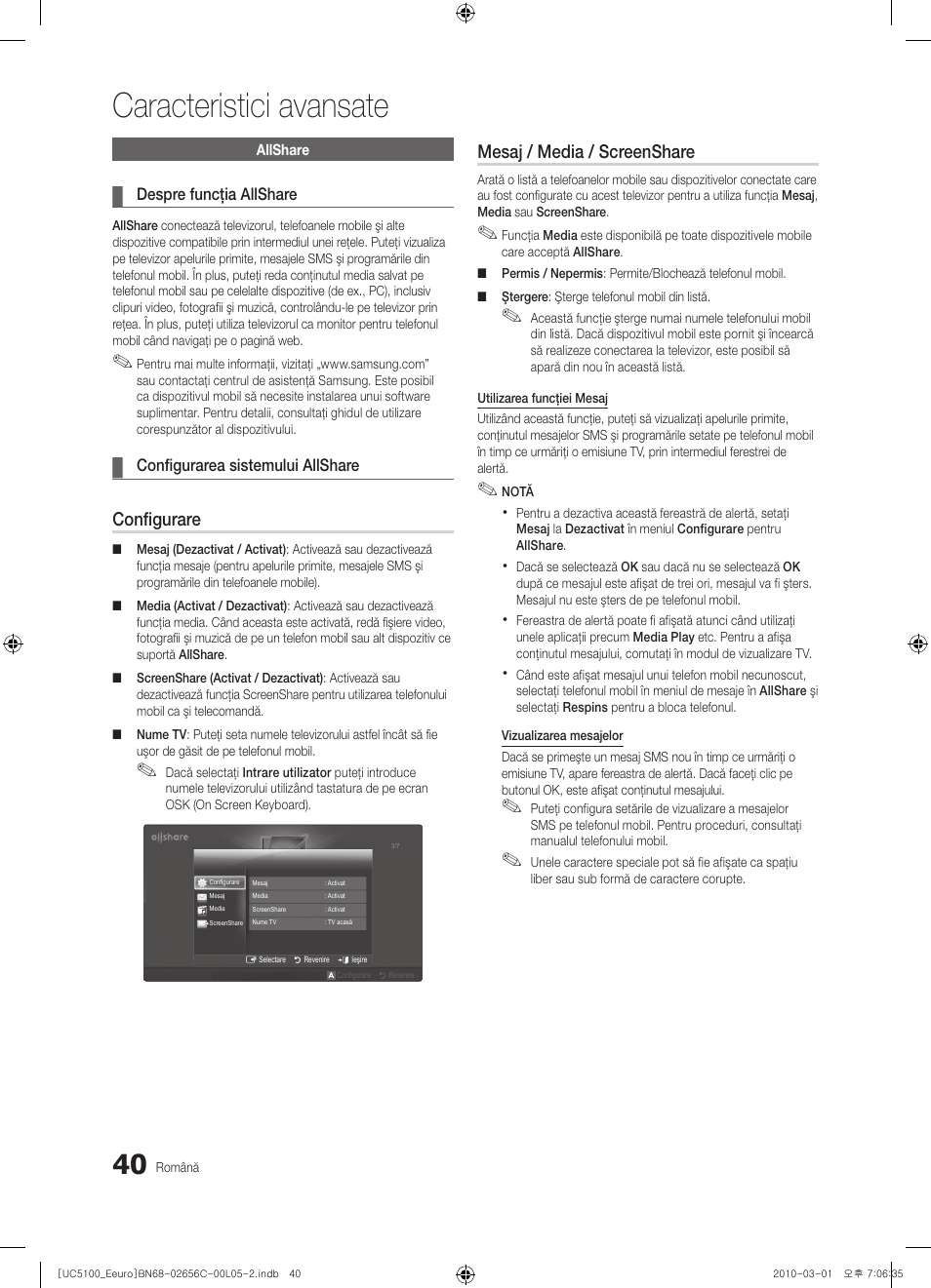 Caracteristici avansate, Configurare, Mesaj / media / screenshare | Samsung UE46C5000QW User Manual | Page 441 / 502