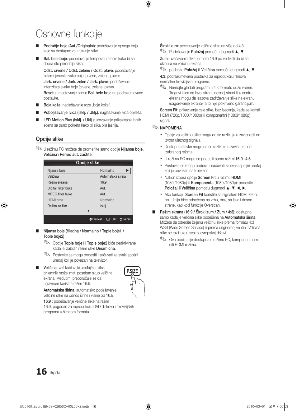 Osnovne funkcije, Opcije slike | Samsung UE46C5000QW User Manual | Page 467 / 502
