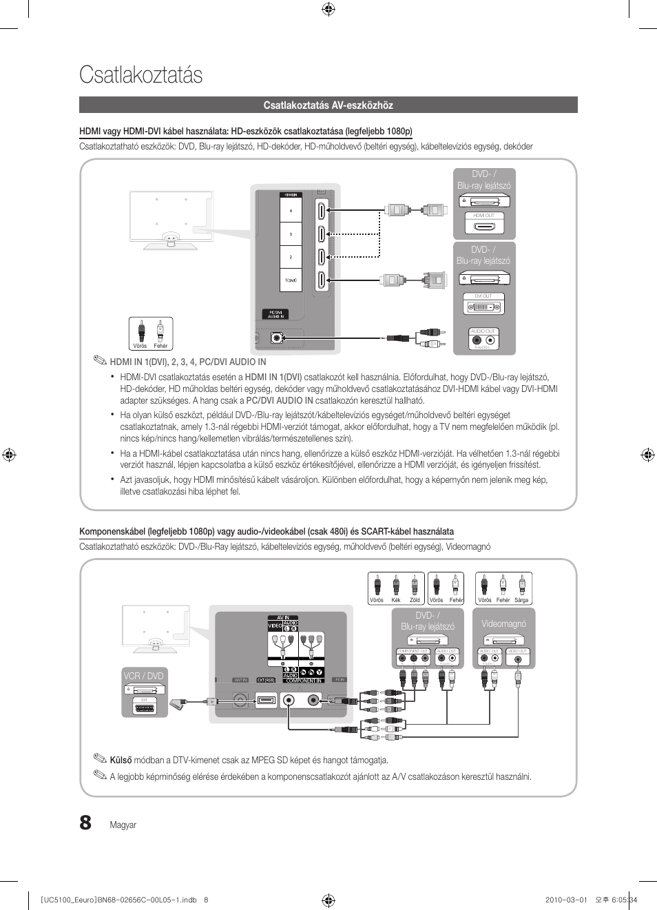 Csatlakoztatás, Csatlakoztatás av-eszközhöz | Samsung UE46C5000QW User Manual | Page 58 / 502
