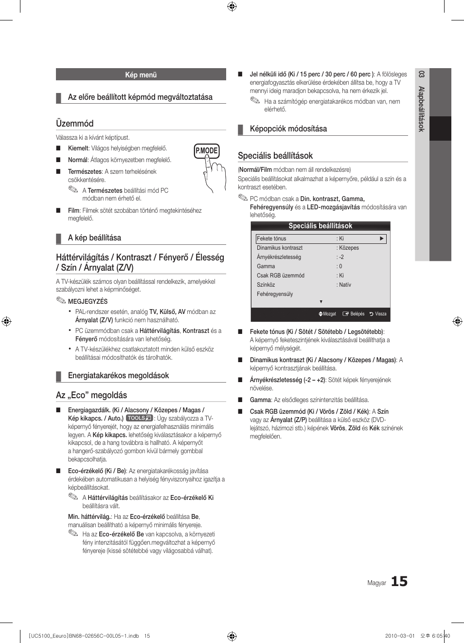 Üzemmód, Az „eco” megoldás, Speciális beállítások | Samsung UE46C5000QW User Manual | Page 65 / 502