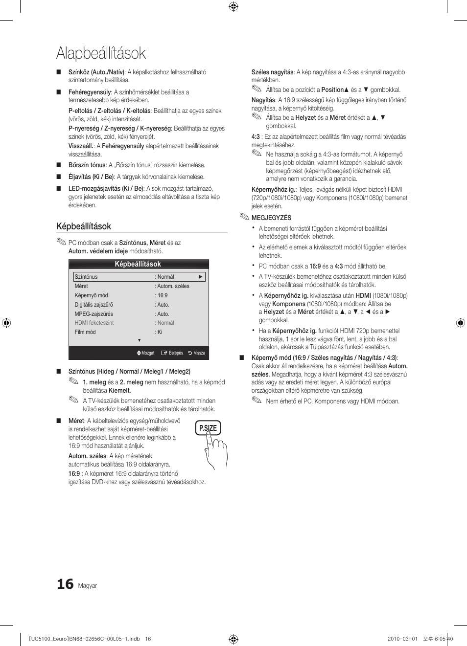 Alapbeállítások, Képbeállítások | Samsung UE46C5000QW User Manual | Page 66 / 502