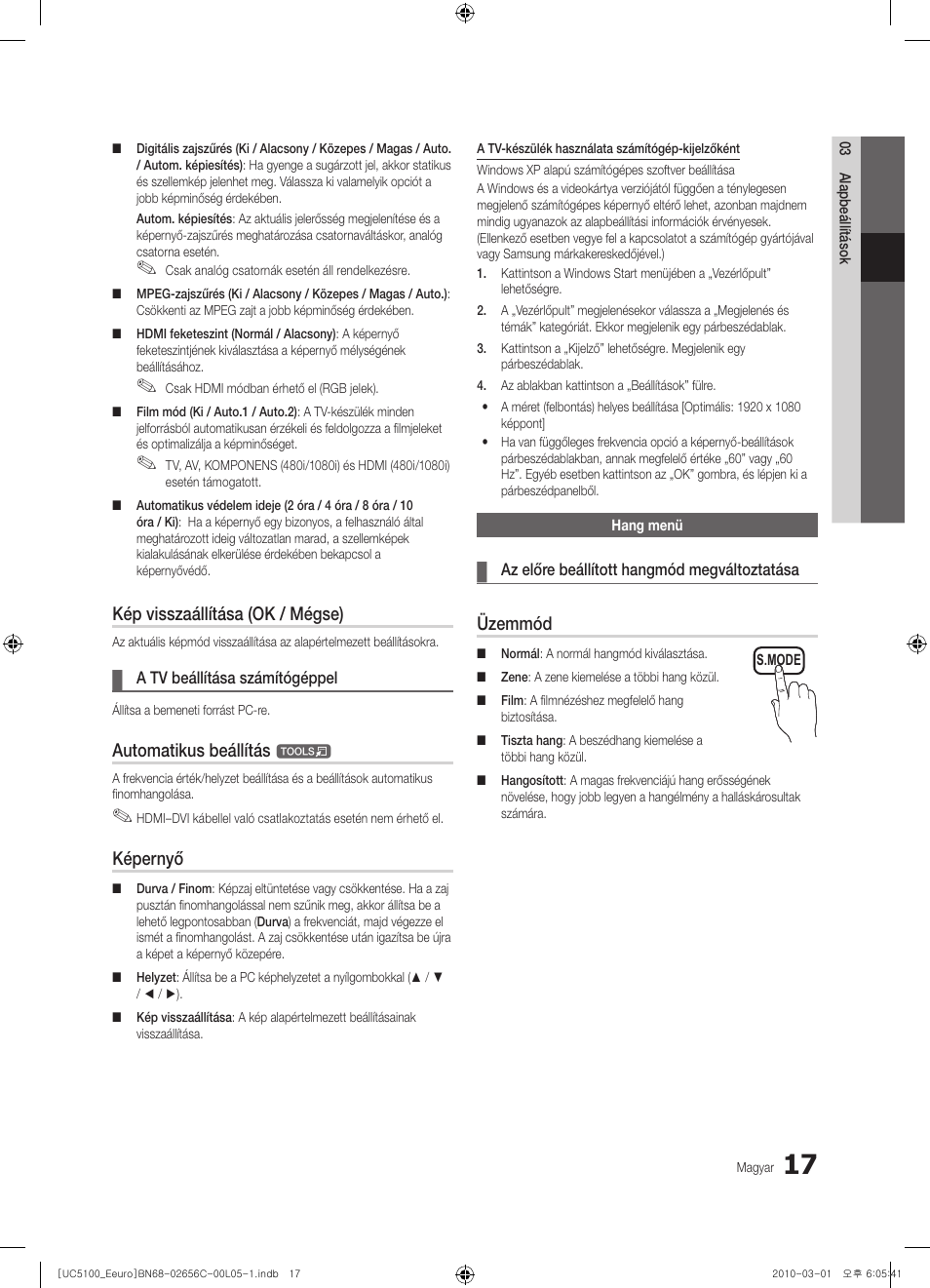Kép visszaállítása (ok / mégse), Automatikus beállítás, Képernyő | Üzemmód | Samsung UE46C5000QW User Manual | Page 67 / 502