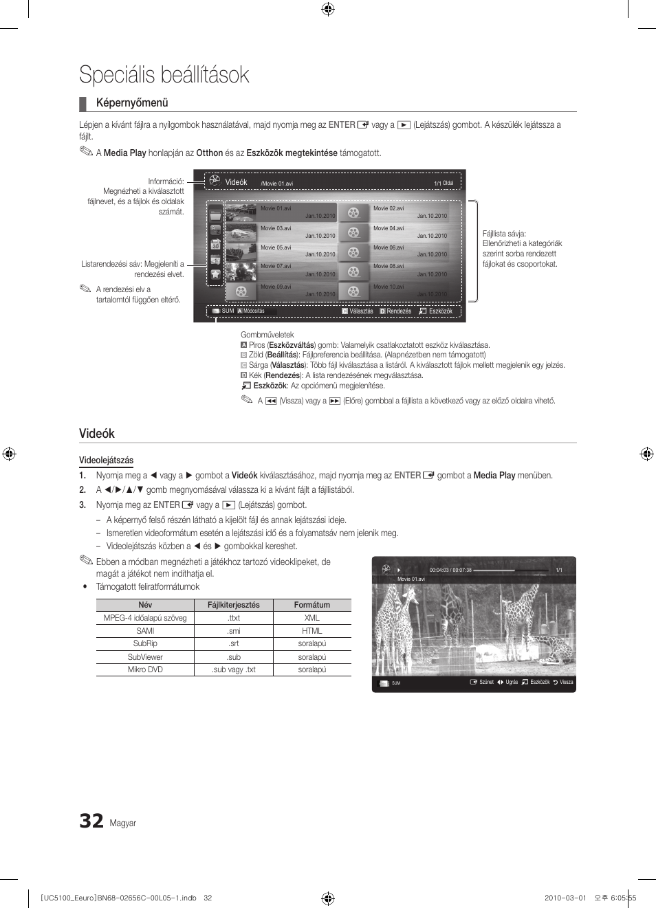 Speciális beállítások, Videók, Képernyőmenü | Samsung UE46C5000QW User Manual | Page 82 / 502