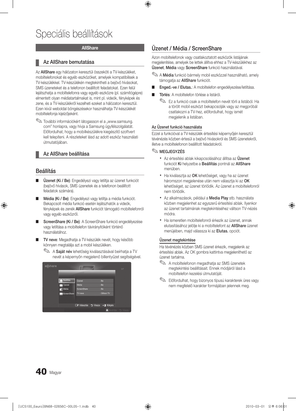Speciális beállítások, Beállítás, Üzenet / média / screenshare | Samsung UE46C5000QW User Manual | Page 90 / 502