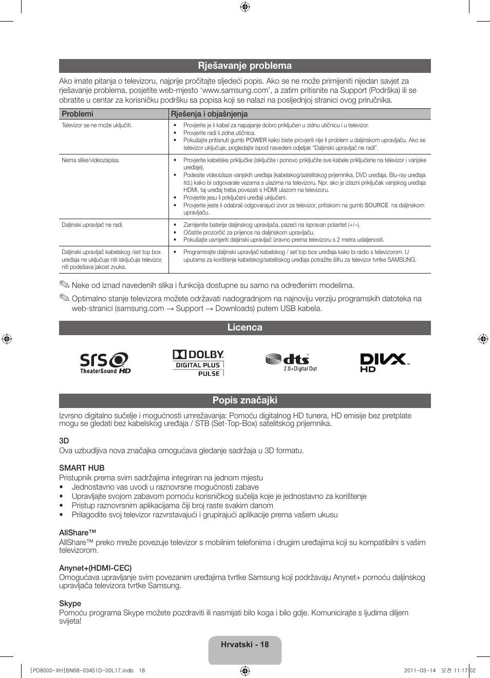 Rješavanje problema, Licenca popis značajki | Samsung PS51D8000FS User Manual | Page 110 / 310