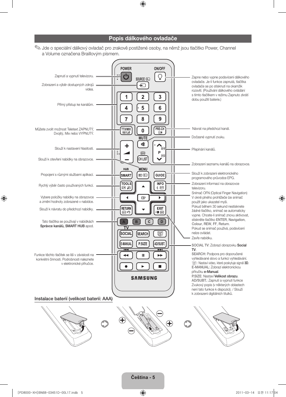 Popis dálkového ovladače | Samsung PS51D8000FS User Manual | Page 115 / 310