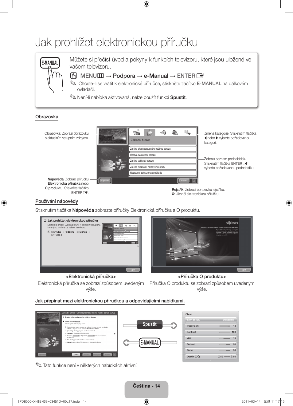 Jak prohlížet elektronickou příručku, Menu m → podpora → e-manual → enter e, E-manual | Čeština - 14, Tato funkce není v některých nabídkách aktivní, Spustit | Samsung PS51D8000FS User Manual | Page 124 / 310