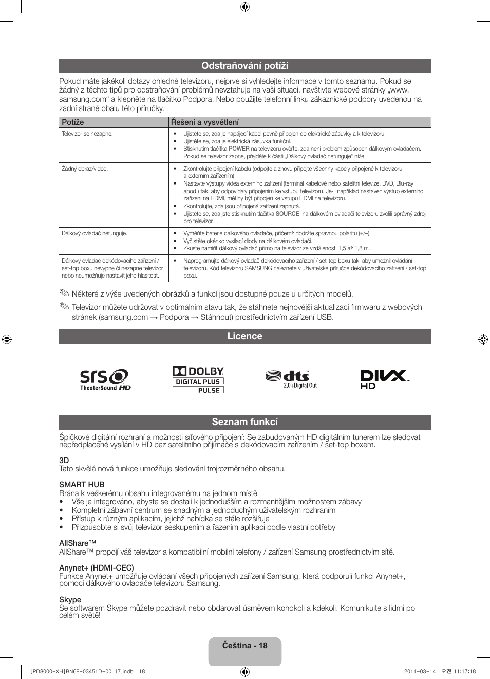 Odstraňování potíží, Licence seznam funkcí | Samsung PS51D8000FS User Manual | Page 128 / 310