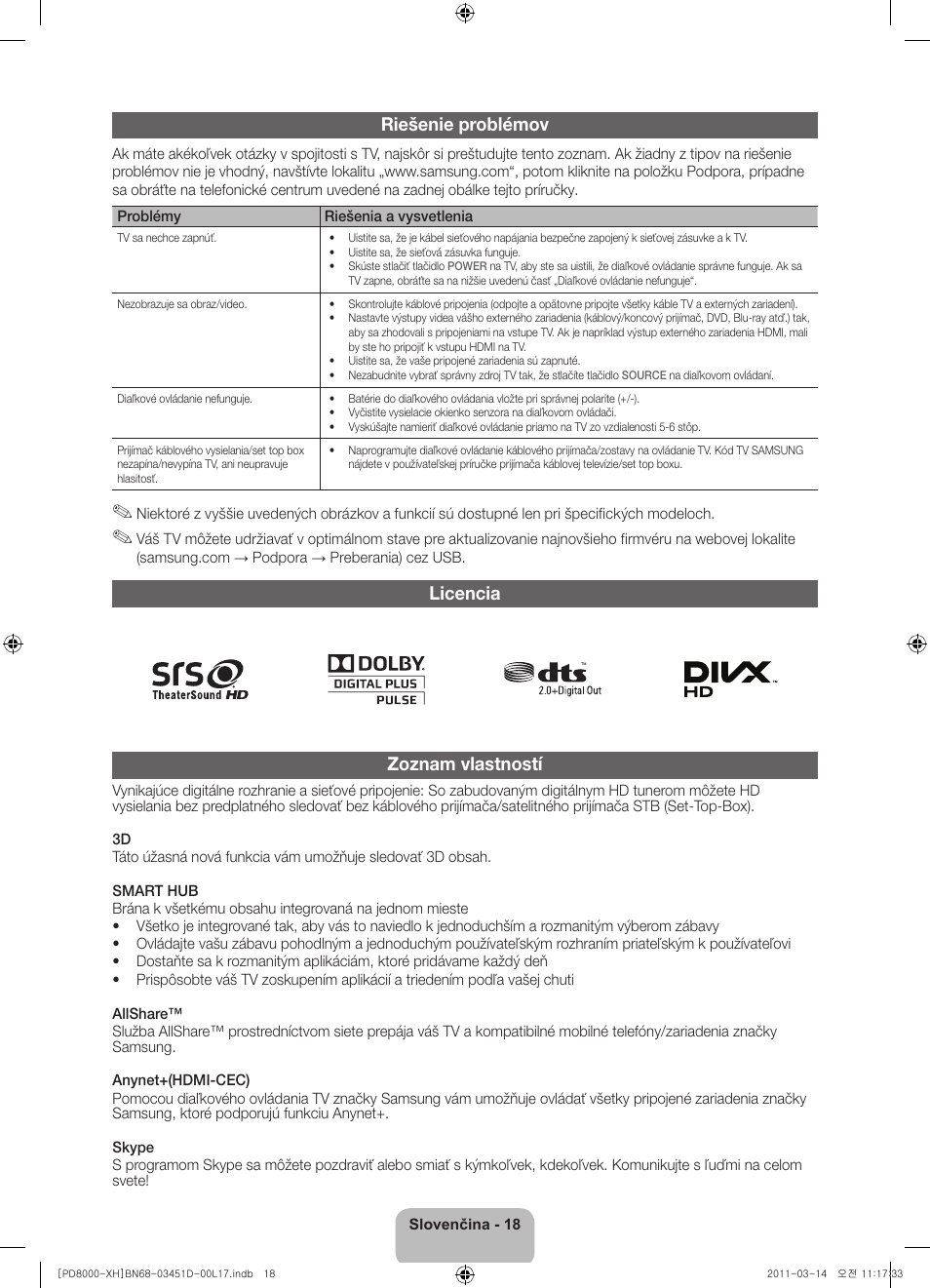 Riešenie problémov, Licencia zoznam vlastností | Samsung PS51D8000FS User Manual | Page 146 / 310