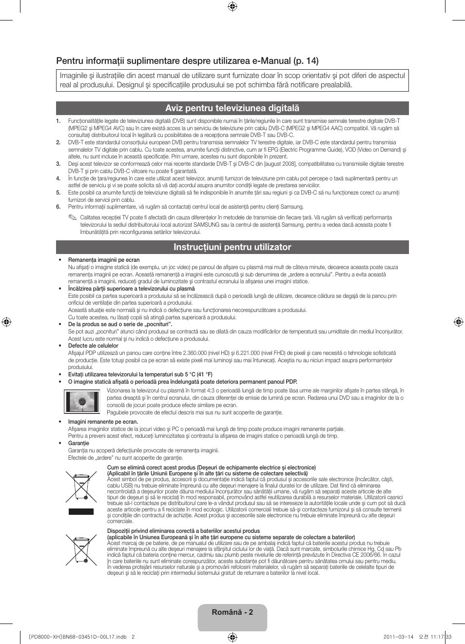 Aviz pentru televiziunea digitală, Instrucţiuni pentru utilizator | Samsung PS51D8000FS User Manual | Page 148 / 310