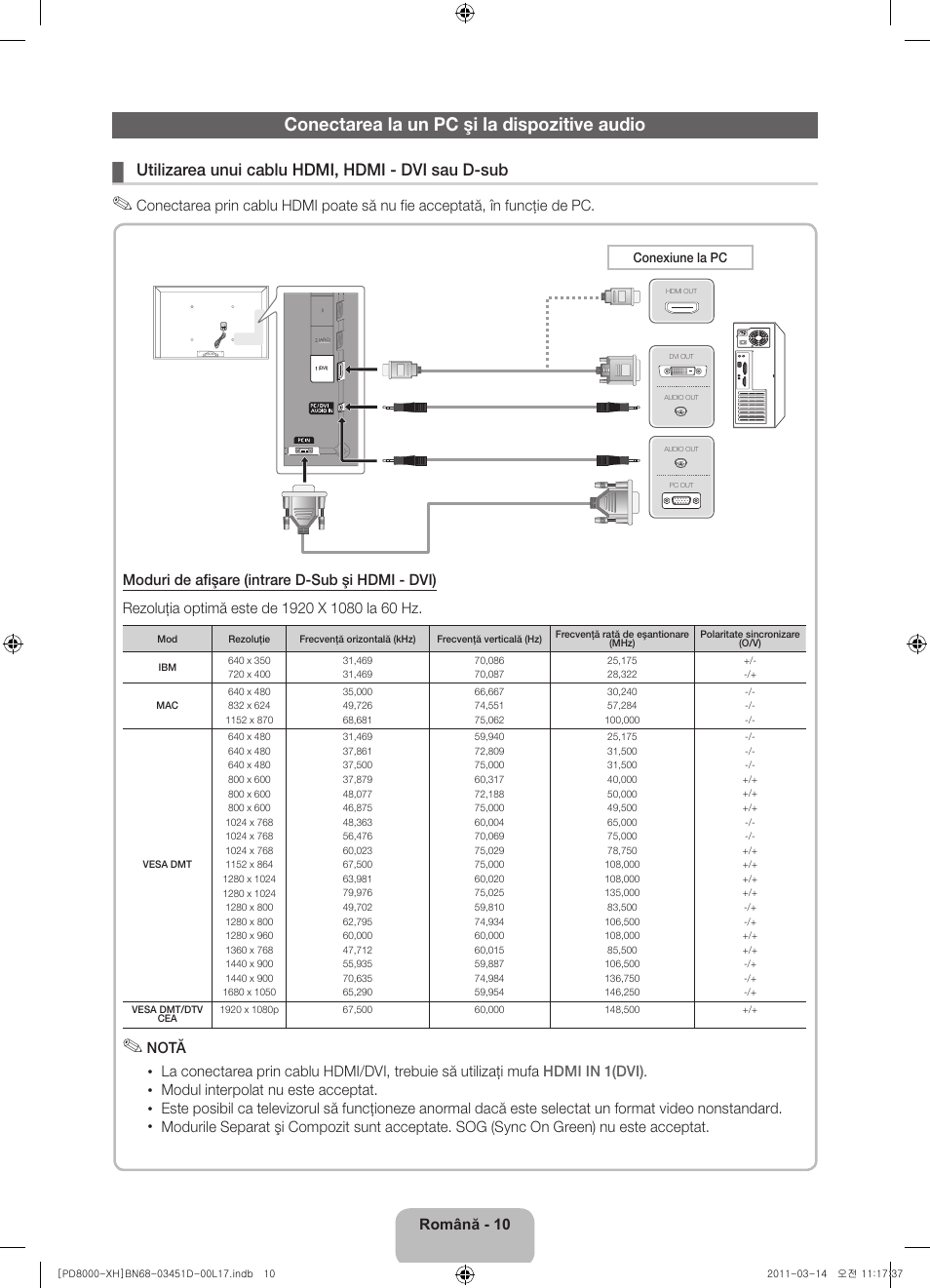Conectarea la un pc şi la dispozitive audio, Utilizarea unui cablu hdmi, hdmi - dvi sau d-sub | Samsung PS51D8000FS User Manual | Page 156 / 310