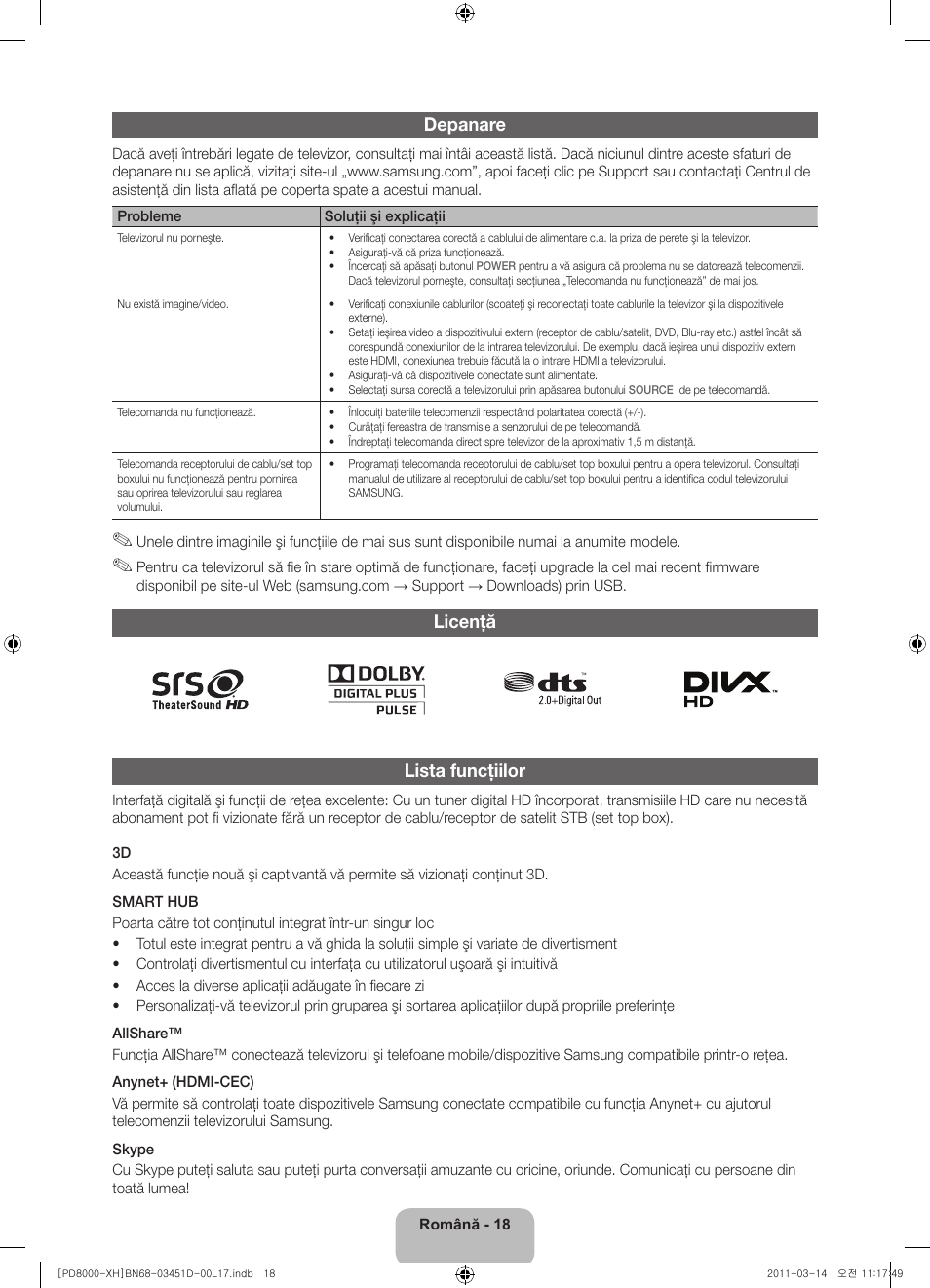 Depanare, Licenţă lista funcţiilor | Samsung PS51D8000FS User Manual | Page 164 / 310