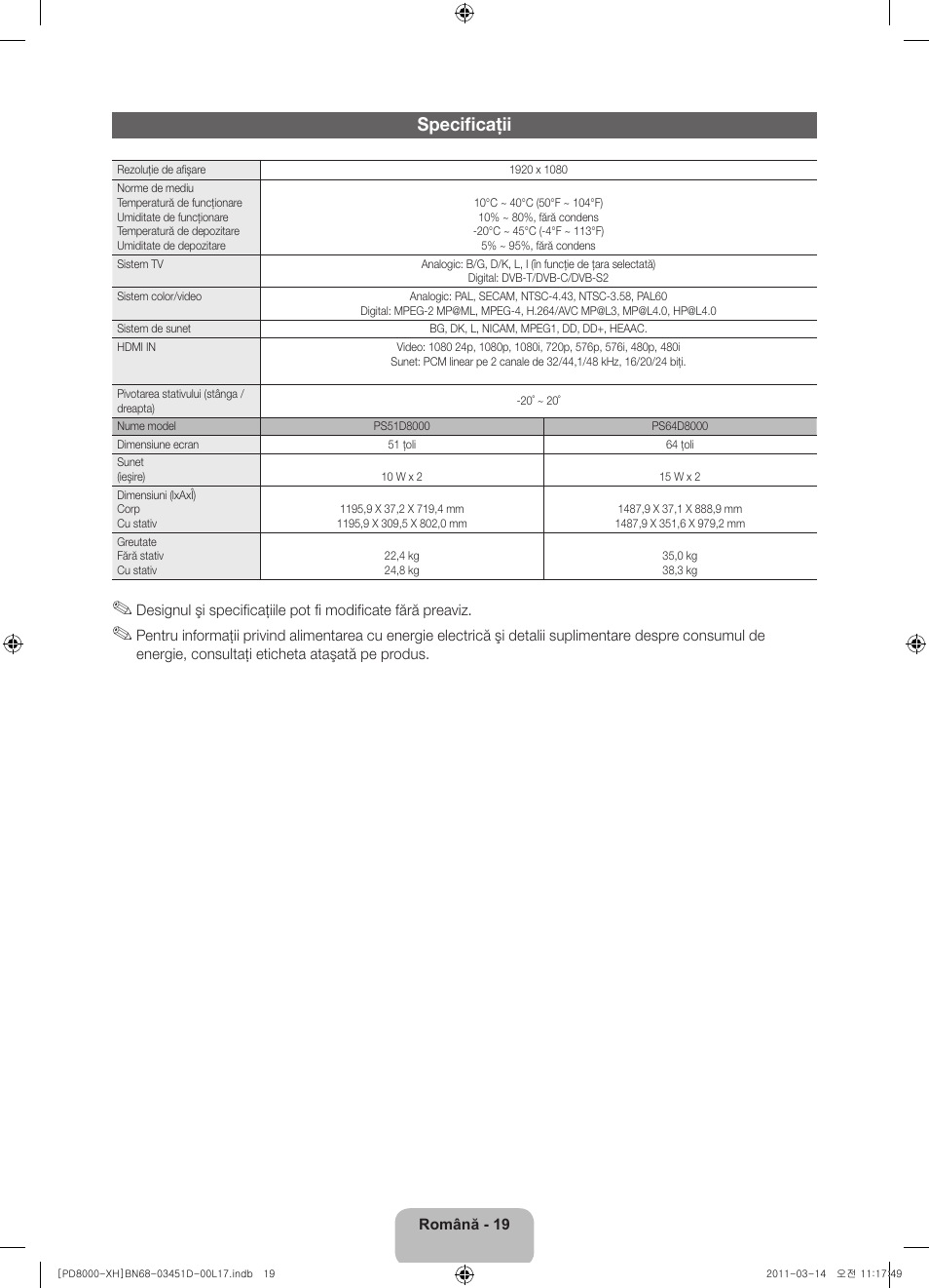 Specificaţii | Samsung PS51D8000FS User Manual | Page 165 / 310