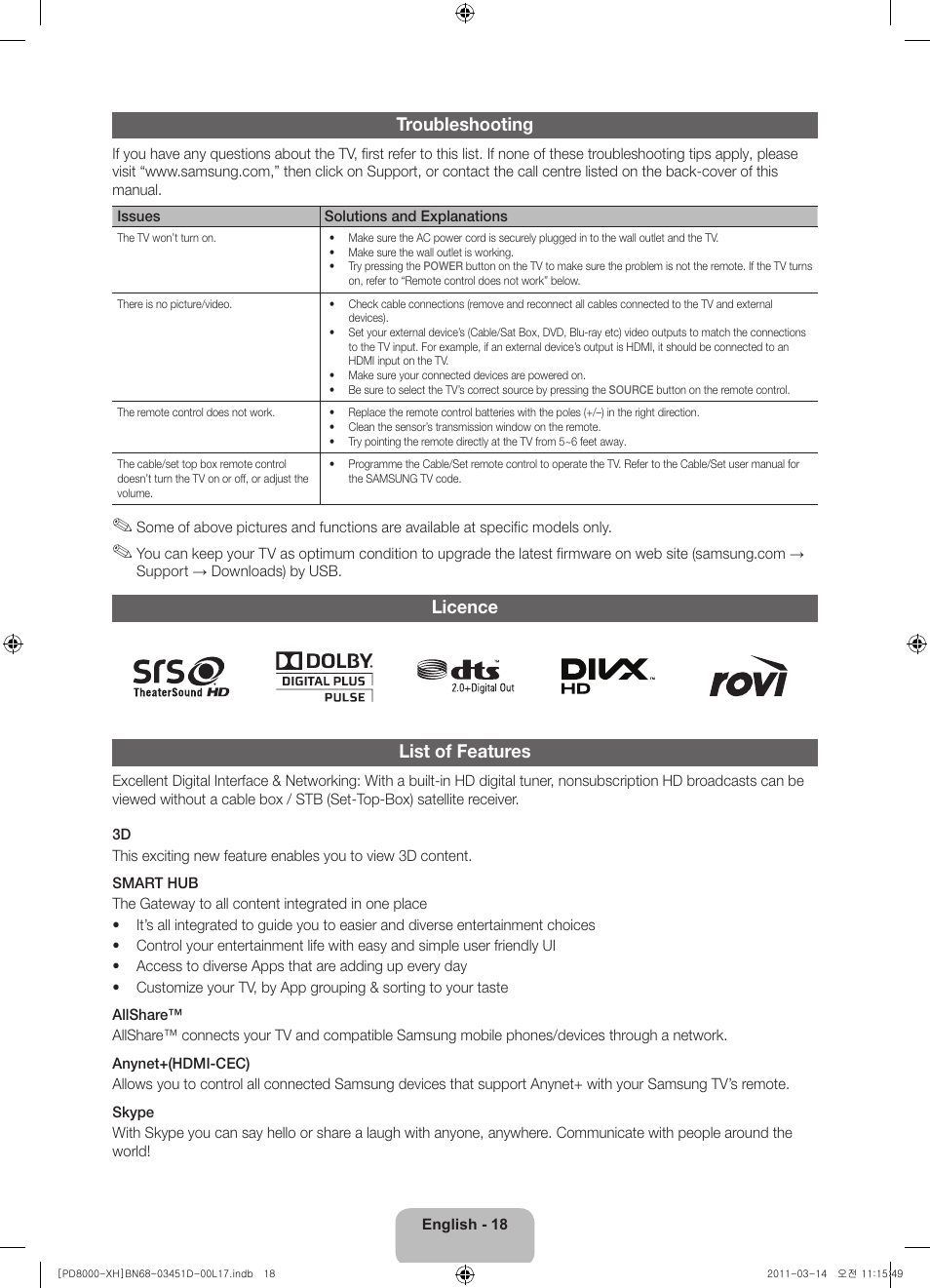 Troubleshooting, Licence list of features | Samsung PS51D8000FS User Manual | Page 18 / 310