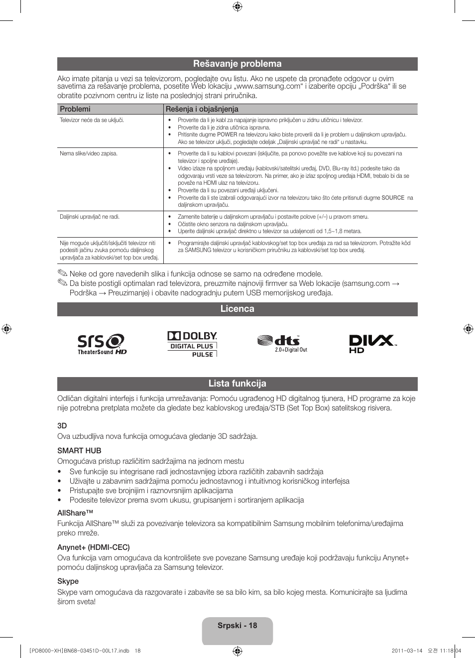 Rešavanje problema, Licenca lista funkcija | Samsung PS51D8000FS User Manual | Page 182 / 310