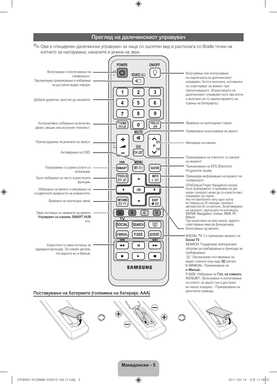 Преглед на далечинскиот управувач | Samsung PS51D8000FS User Manual | Page 205 / 310