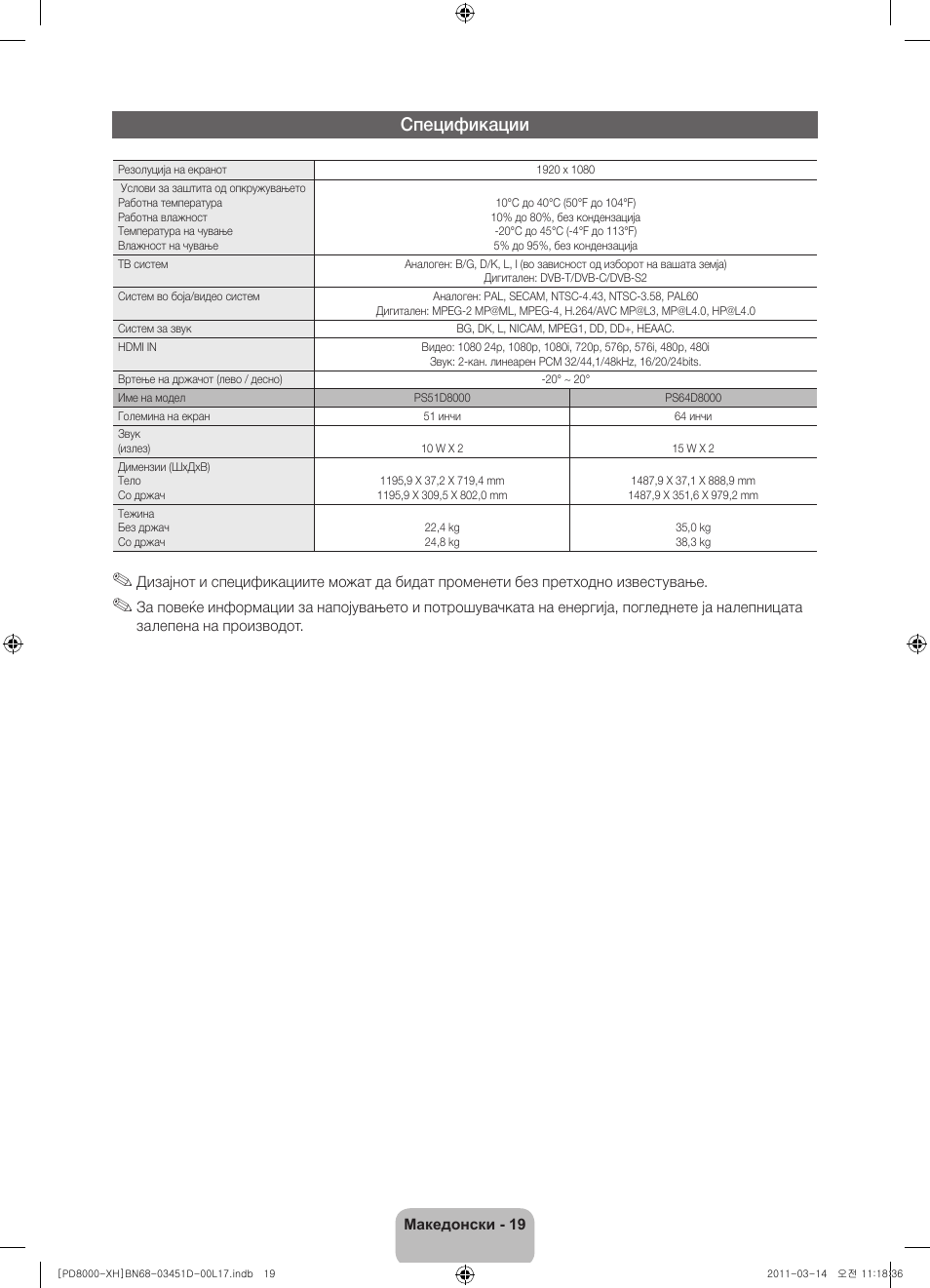 Спецификации | Samsung PS51D8000FS User Manual | Page 219 / 310