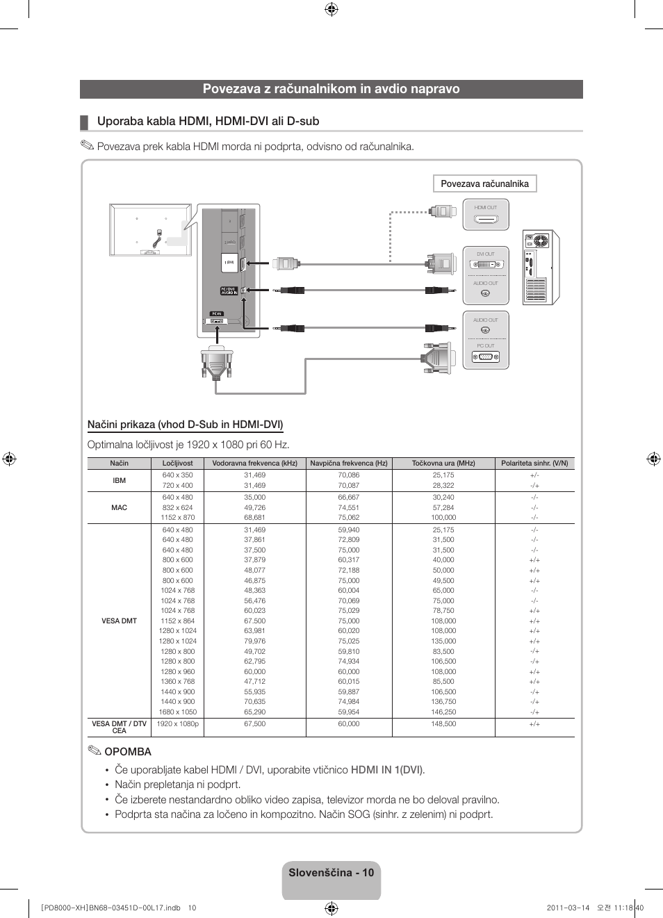Povezava z računalnikom in avdio napravo, Uporaba kabla hdmi, hdmi-dvi ali d-sub | Samsung PS51D8000FS User Manual | Page 228 / 310