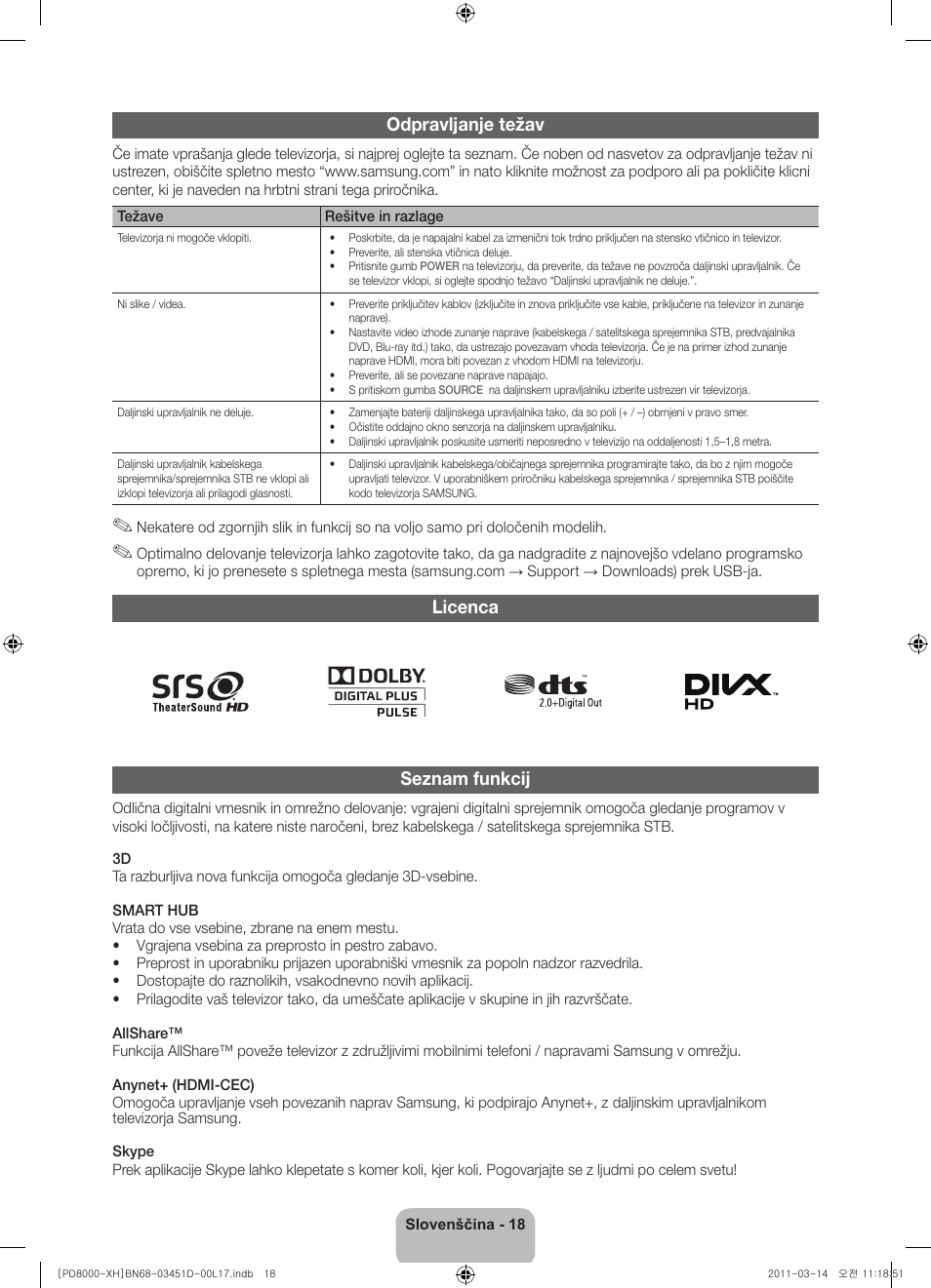 Odpravljanje težav, Licenca seznam funkcij | Samsung PS51D8000FS User Manual | Page 236 / 310