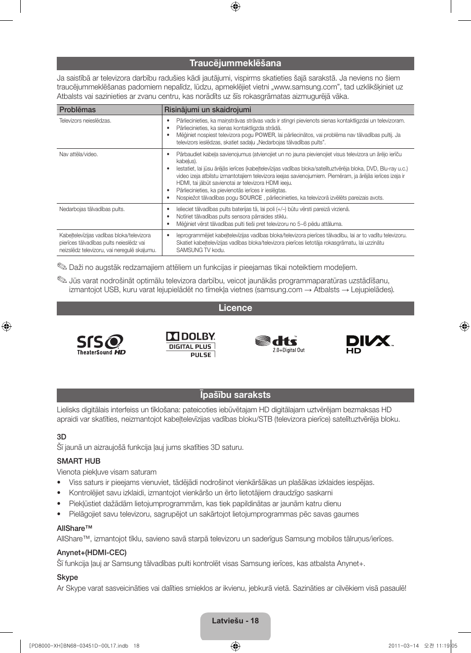 Traucējummeklēšana, Licence īpašību saraksts | Samsung PS51D8000FS User Manual | Page 254 / 310