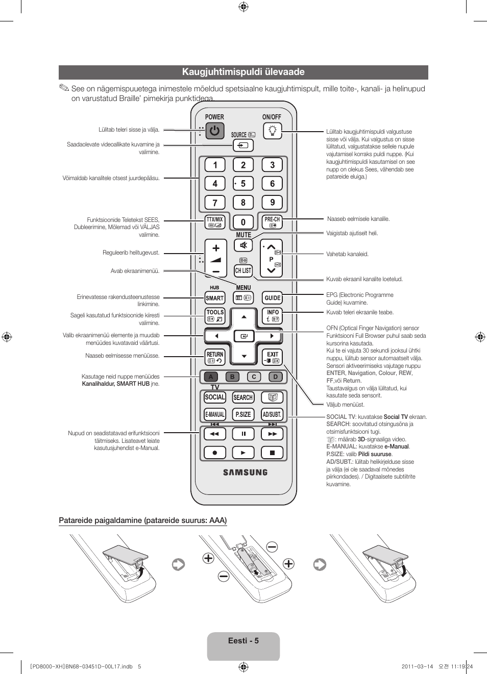 Kaugjuhtimispuldi ülevaade | Samsung PS51D8000FS User Manual | Page 277 / 310