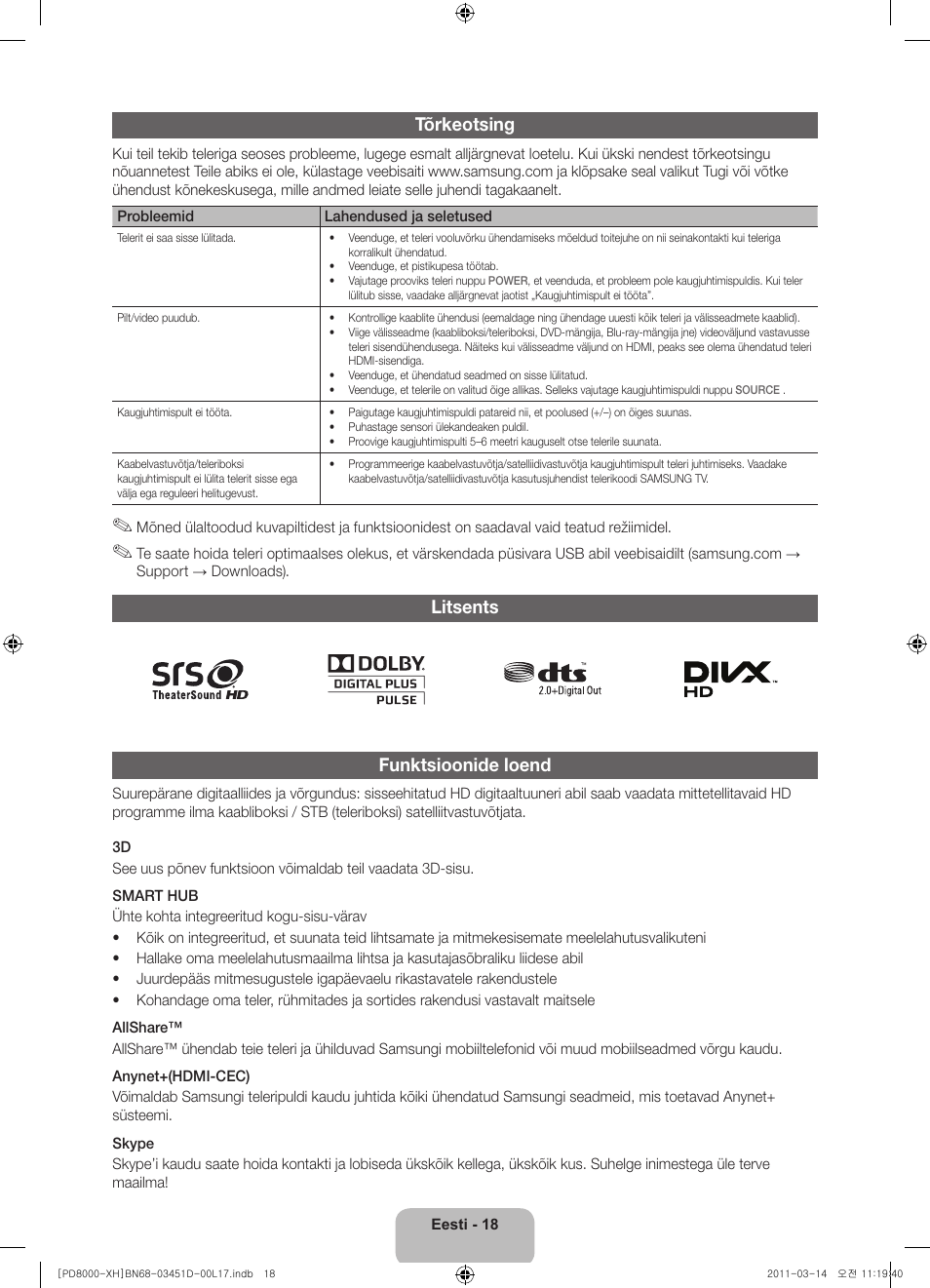 Tõrkeotsing, Litsents funktsioonide loend | Samsung PS51D8000FS User Manual | Page 290 / 310
