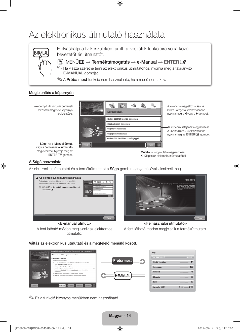 Az elektronikus útmutató használata, Menüm → terméktámogatás → e-manual → enter e, E-manual | Magyar - 14, Ez a funkció bizonyos menükben nem használható, Próba most | Samsung PS51D8000FS User Manual | Page 34 / 310