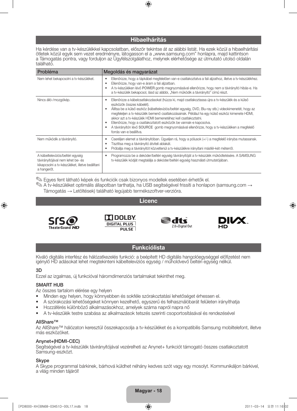 Hibaelhárítás, Licenc funkciólista | Samsung PS51D8000FS User Manual | Page 38 / 310