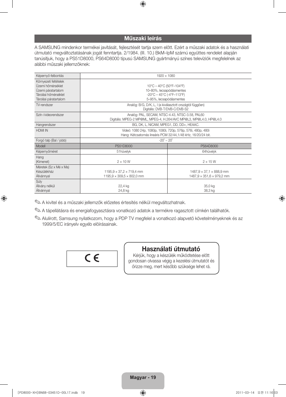 Használati útmutató, Műszaki leírás | Samsung PS51D8000FS User Manual | Page 39 / 310