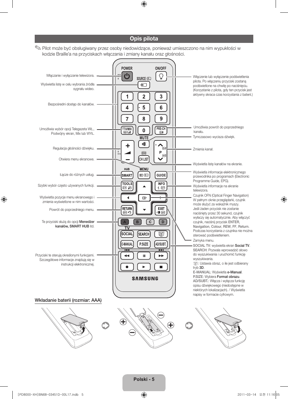 Opis pilota | Samsung PS51D8000FS User Manual | Page 43 / 310