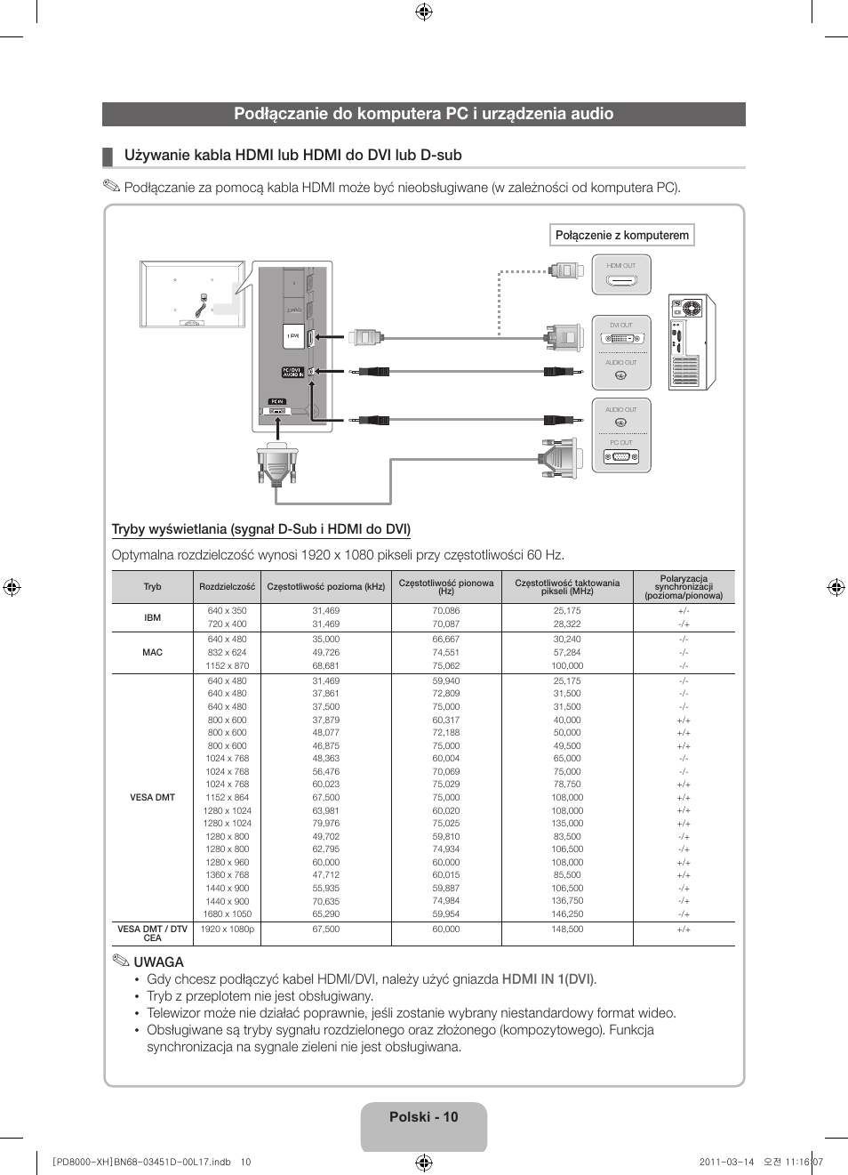 Podłączanie do komputera pc i urządzenia audio, Używanie kabla hdmi lub hdmi do dvi lub d-sub | Samsung PS51D8000FS User Manual | Page 48 / 310