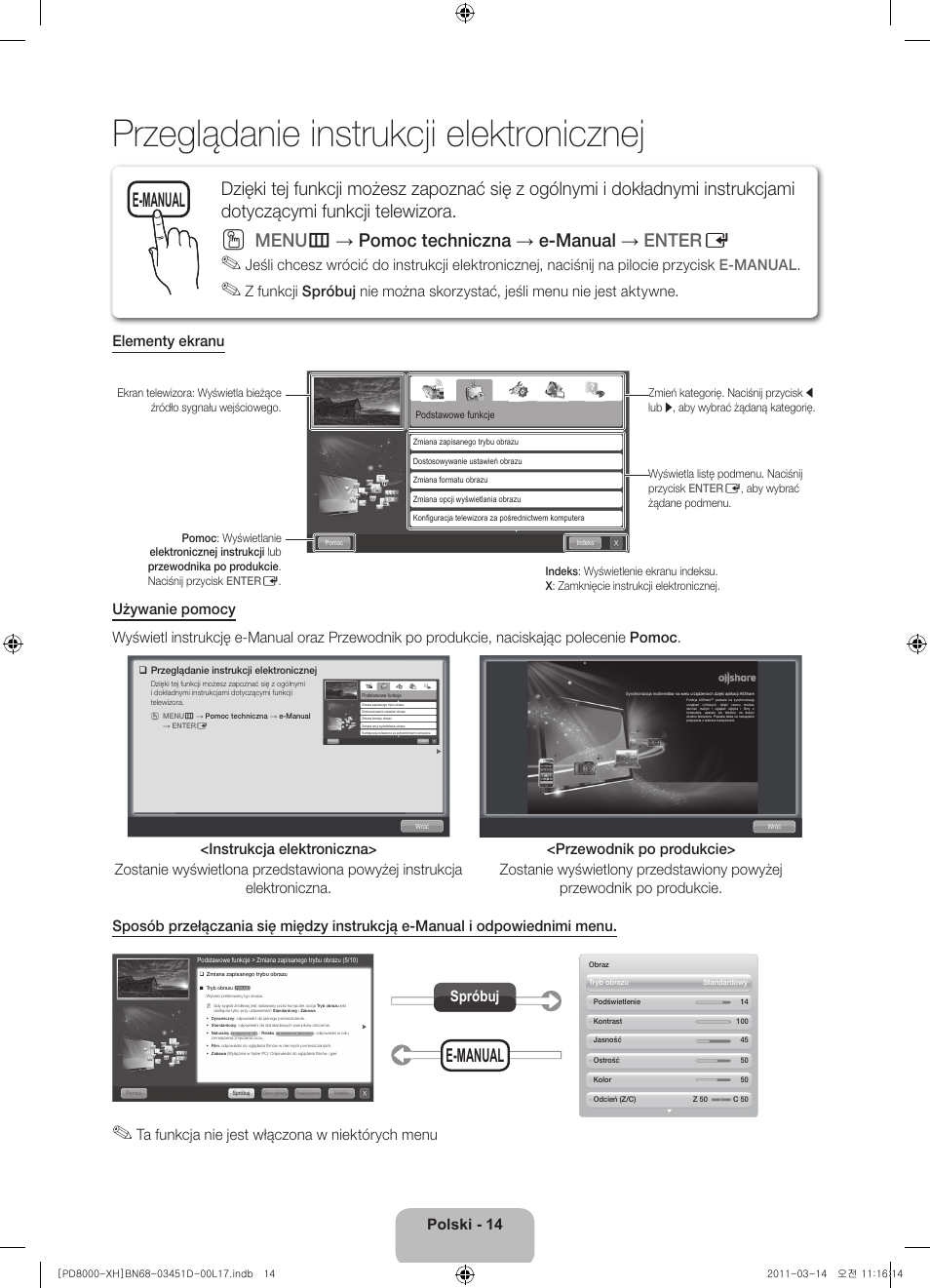 Przeglądanie instrukcji elektronicznej, Menu m → pomoc techniczna → e-manual → enter e, E-manual | Polski - 14, Ta funkcja nie jest włączona w niektórych menu, Spróbuj | Samsung PS51D8000FS User Manual | Page 52 / 310