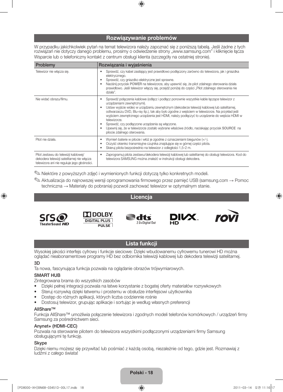 Rozwiązywanie problemów, Licencja lista funkcji | Samsung PS51D8000FS User Manual | Page 56 / 310