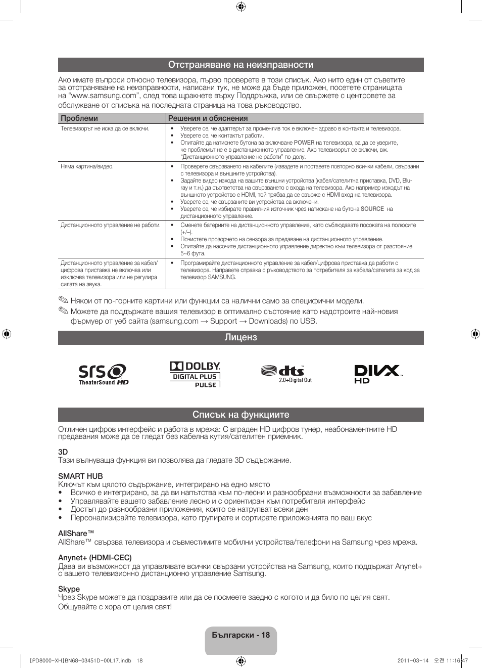 Отстраняване на неизправности, Лиценз списък на функциите | Samsung PS51D8000FS User Manual | Page 92 / 310