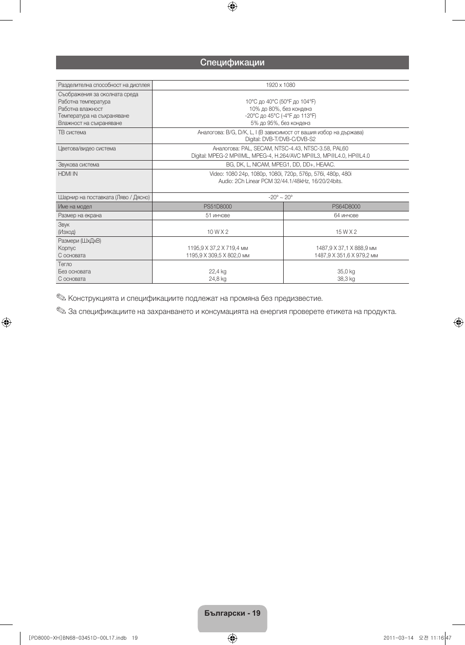 Спецификации | Samsung PS51D8000FS User Manual | Page 93 / 310