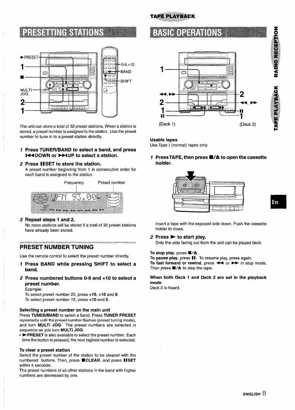 2 press 11 set to store the station, 3 repeat steps 1 and 2, 1 press band whiie pressing shift to select a band | To clear a preset station, Usable tapes, 2 press ^ to start play, F/1 93, Preset number tuning | Aiwa Z-R555 User Manual | Page 10 / 62